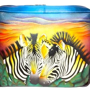Anuschka Hand Painted Leather Crossbody Organizer-Zebra Sunset Bag